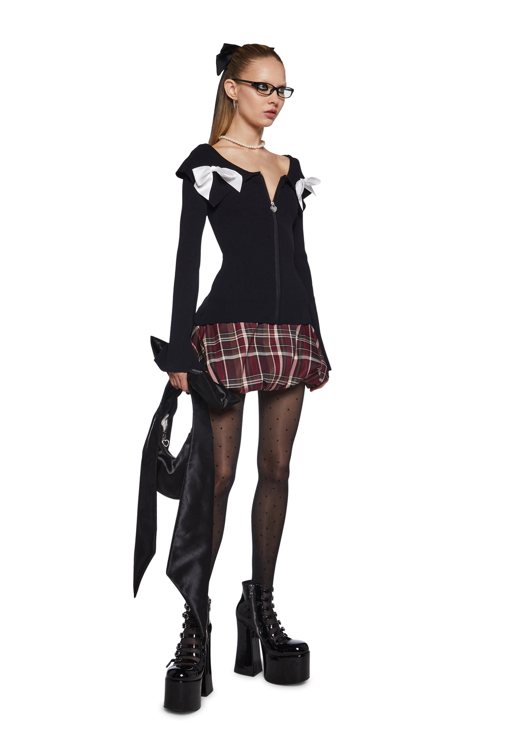 Stretchy Zip-Up Bow Ribbed Knit Cardigan Sugar Thrillz - Black - Image 2