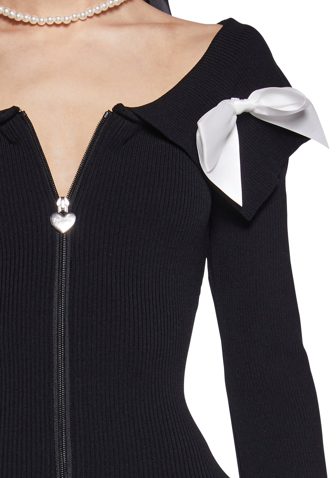 Stretchy Zip-Up Bow Ribbed Knit Cardigan Sugar Thrillz - Black - Image 5