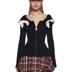 Stretchy Zip-Up Bow Ribbed Knit Cardigan Sugar Thrillz - Black