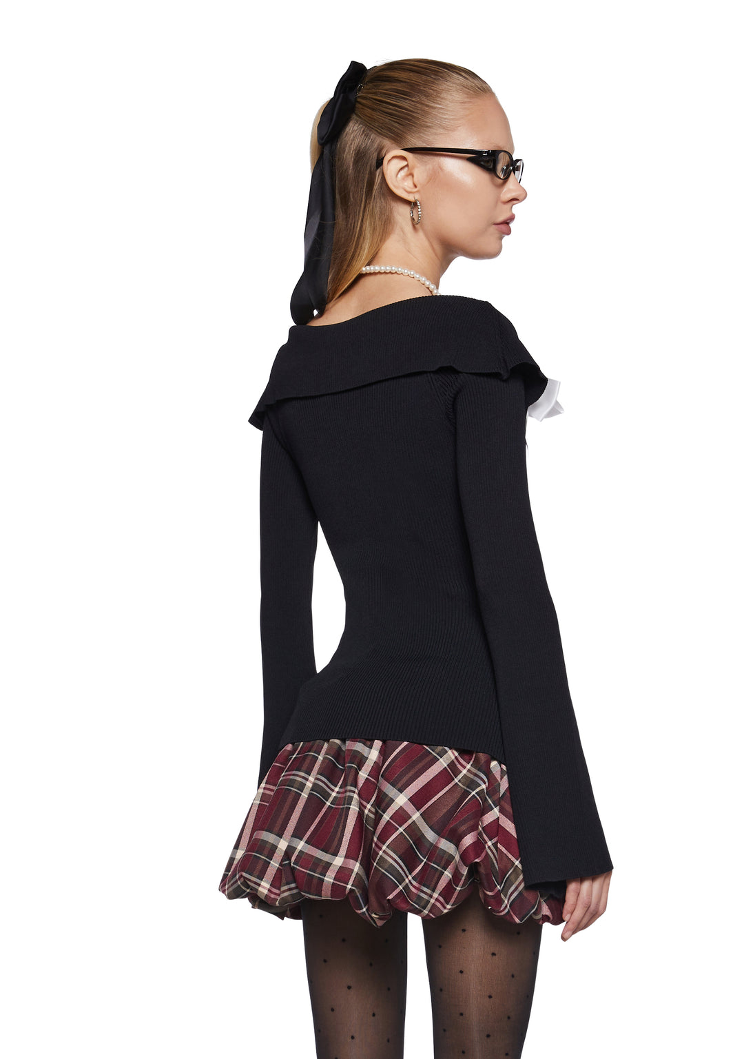 Stretchy Zip-Up Bow Ribbed Knit Cardigan Sugar Thrillz - Black - Image 4