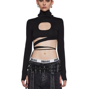 Stretchy Knit Cutout Wrap Around Long Sleeve Top Darker Wavs - Black