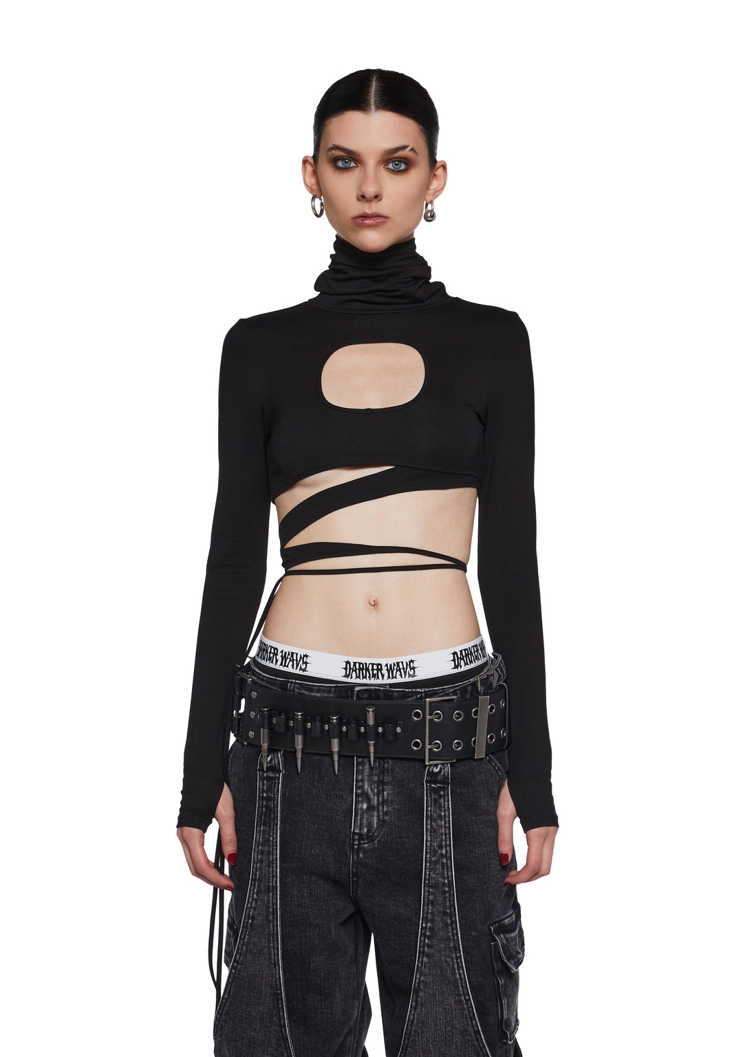 Stretchy Knit Cutout Wrap Around Long Sleeve Top Darker Wavs - Black