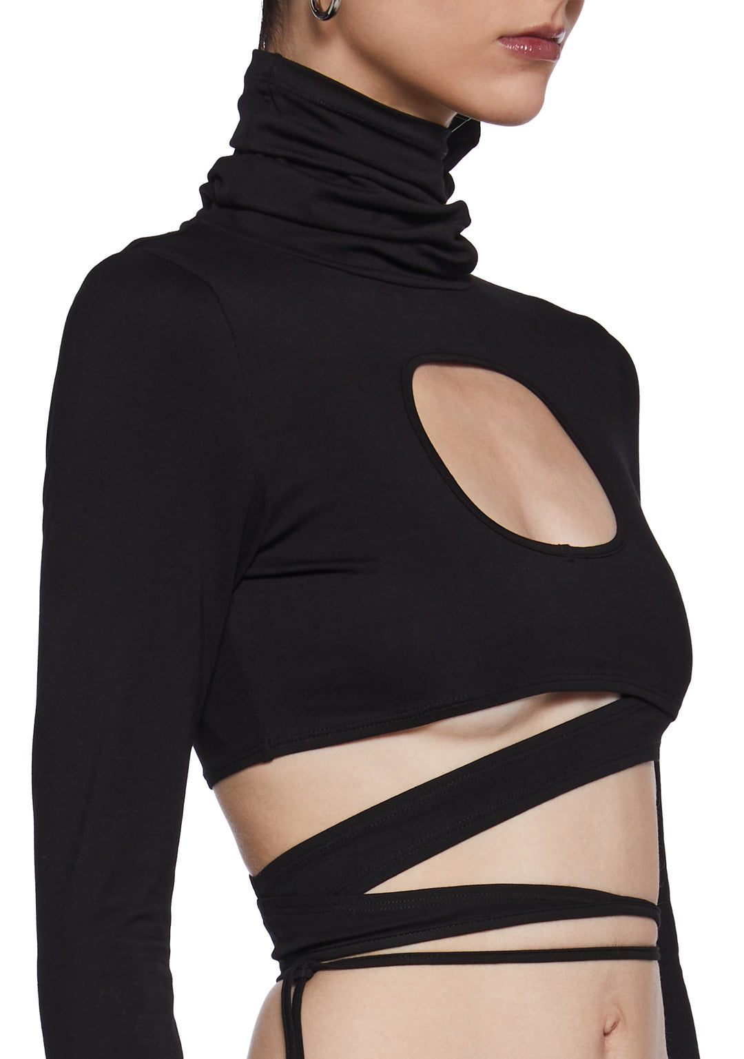 Stretchy Knit Cutout Wrap Around Long Sleeve Top Darker Wavs - Black - Image 6