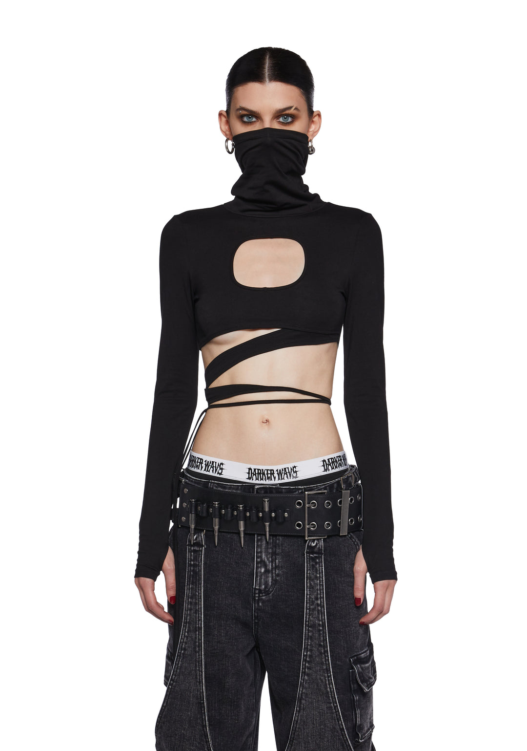 Stretchy Knit Cutout Wrap Around Long Sleeve Top Darker Wavs - Black - Image 5