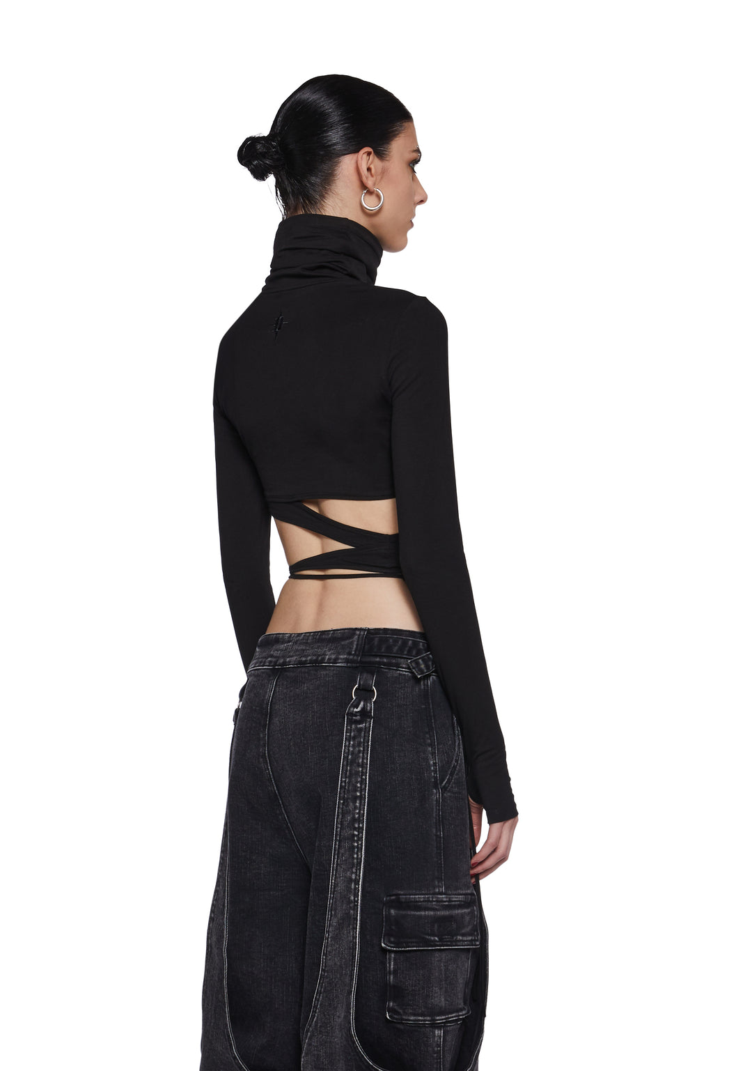 Stretchy Knit Cutout Wrap Around Long Sleeve Top Darker Wavs - Black - Image 3