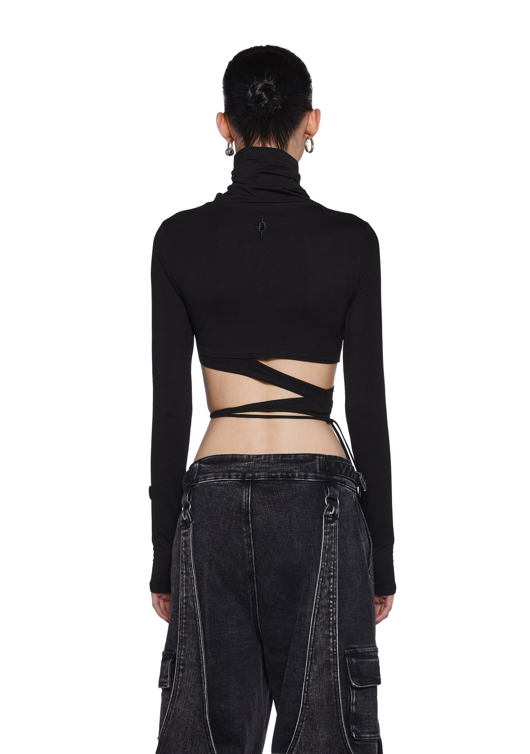 Stretchy Knit Cutout Wrap Around Long Sleeve Top Darker Wavs - Black - Image 4