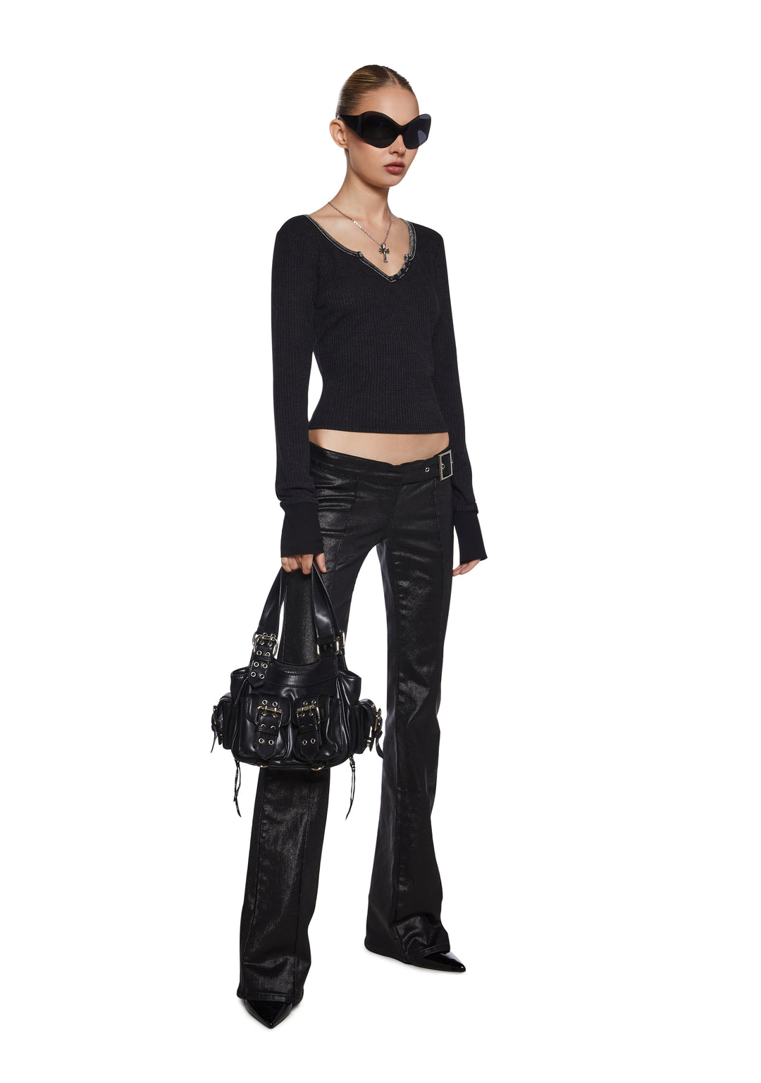 Womens Long Sleeve Waffle Knit Henley Top 90s Generation Kiss - Black - Image 6