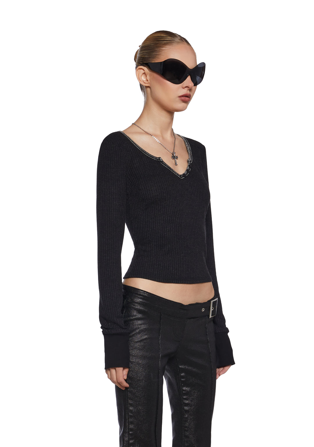 Womens Long Sleeve Waffle Knit Henley Top 90s Generation Kiss - Black - Image 3