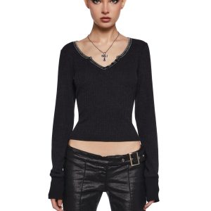 Womens Long Sleeve Waffle Knit Henley Top 90s Generation Kiss - Black