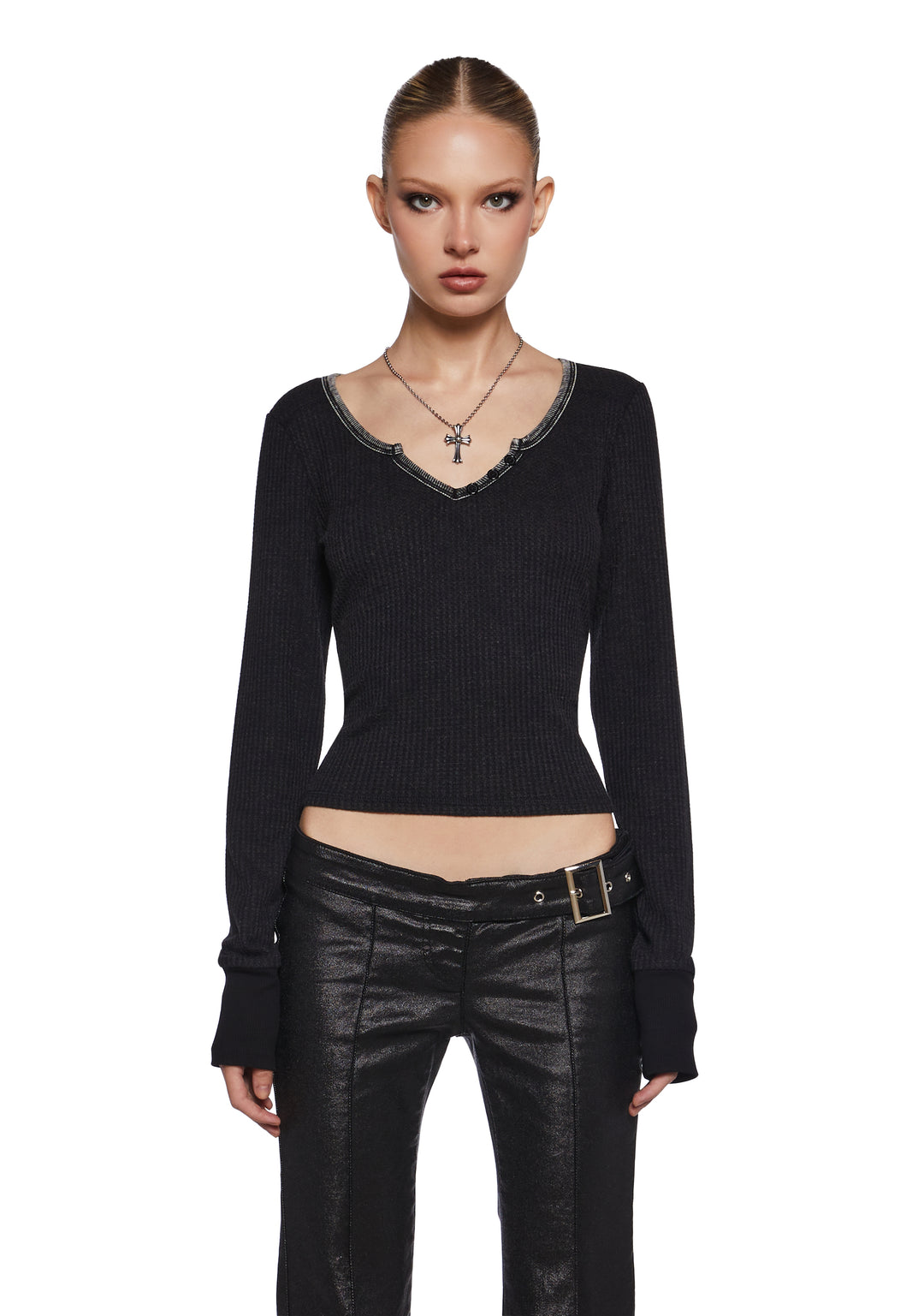 Womens Long Sleeve Waffle Knit Henley Top 90s Generation Kiss - Black