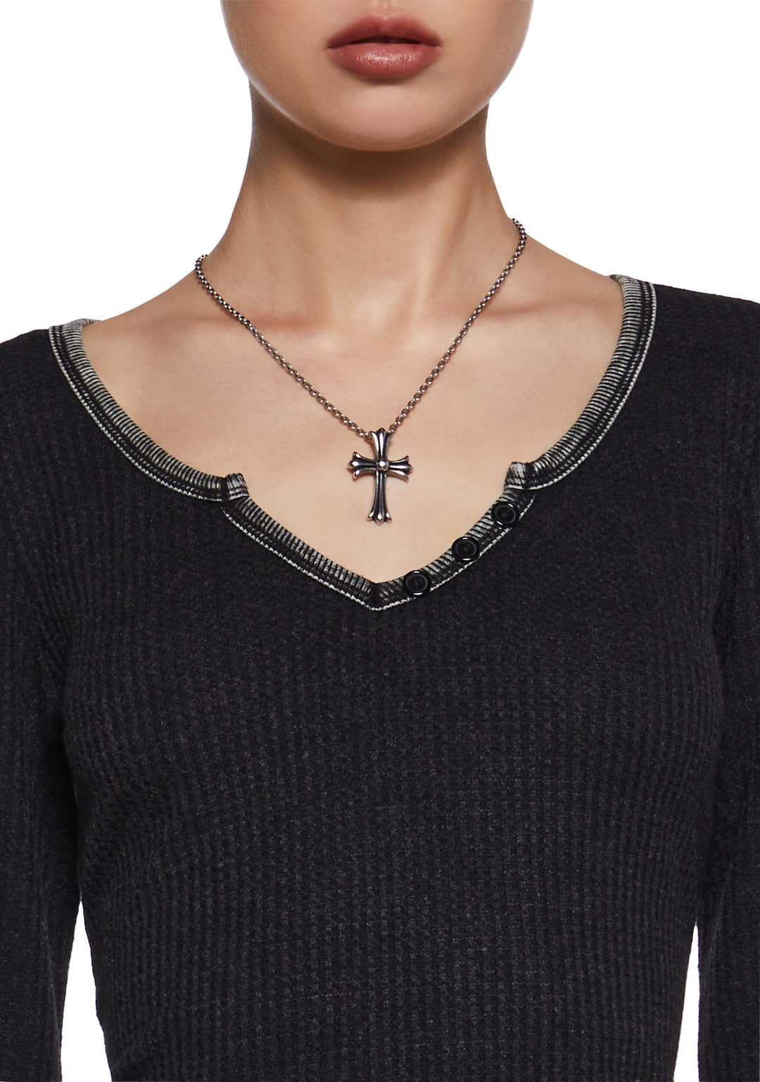 Womens Long Sleeve Waffle Knit Henley Top 90s Generation Kiss - Black - Image 5