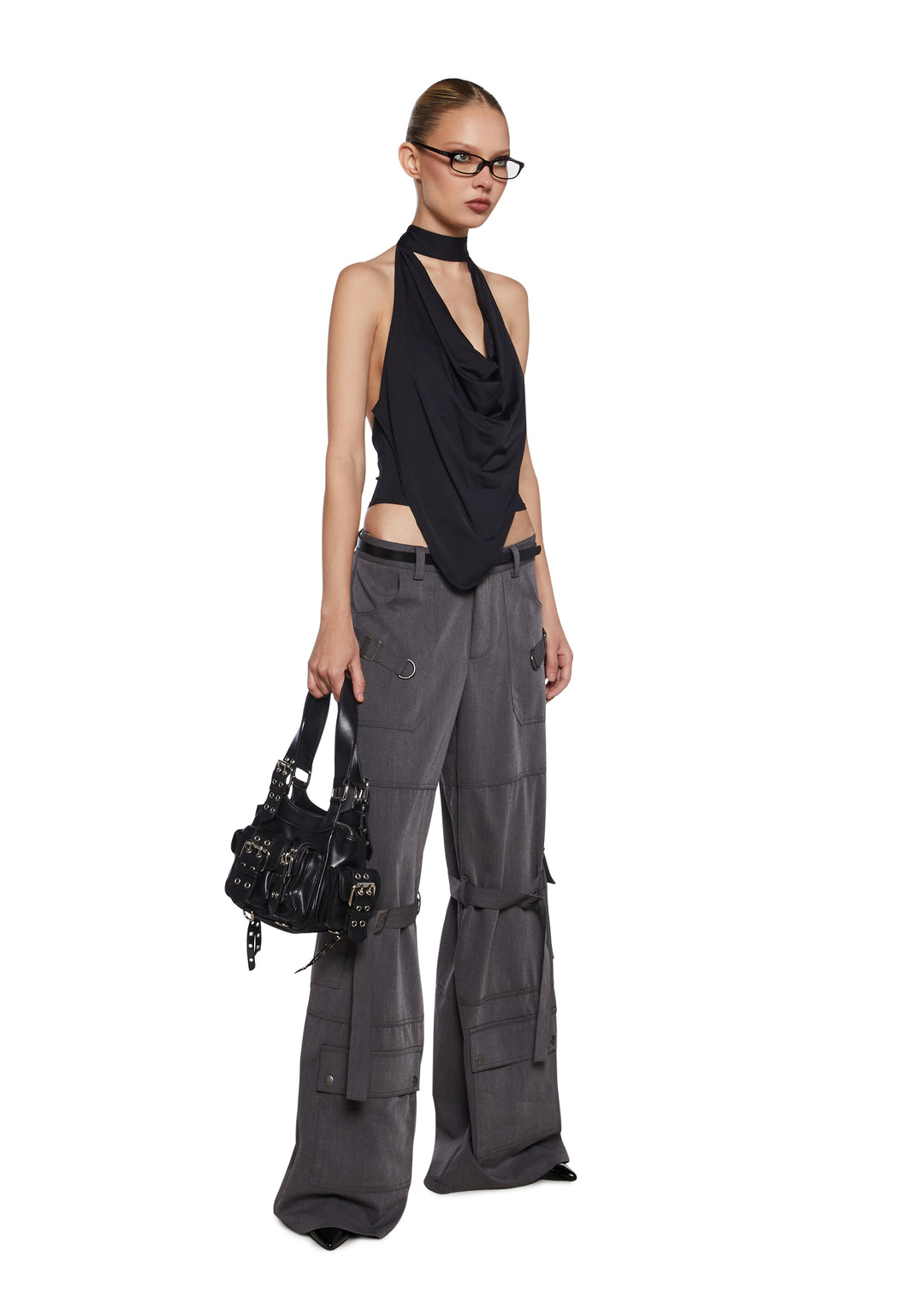 Stretchy Nylon Draped Cropped Halter Top Generation Kiss - Black - Image 2