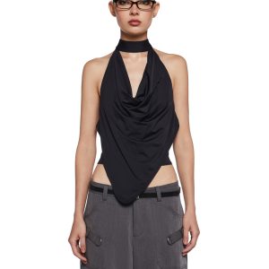 Stretchy Nylon Draped Cropped Halter Top Generation Kiss - Black