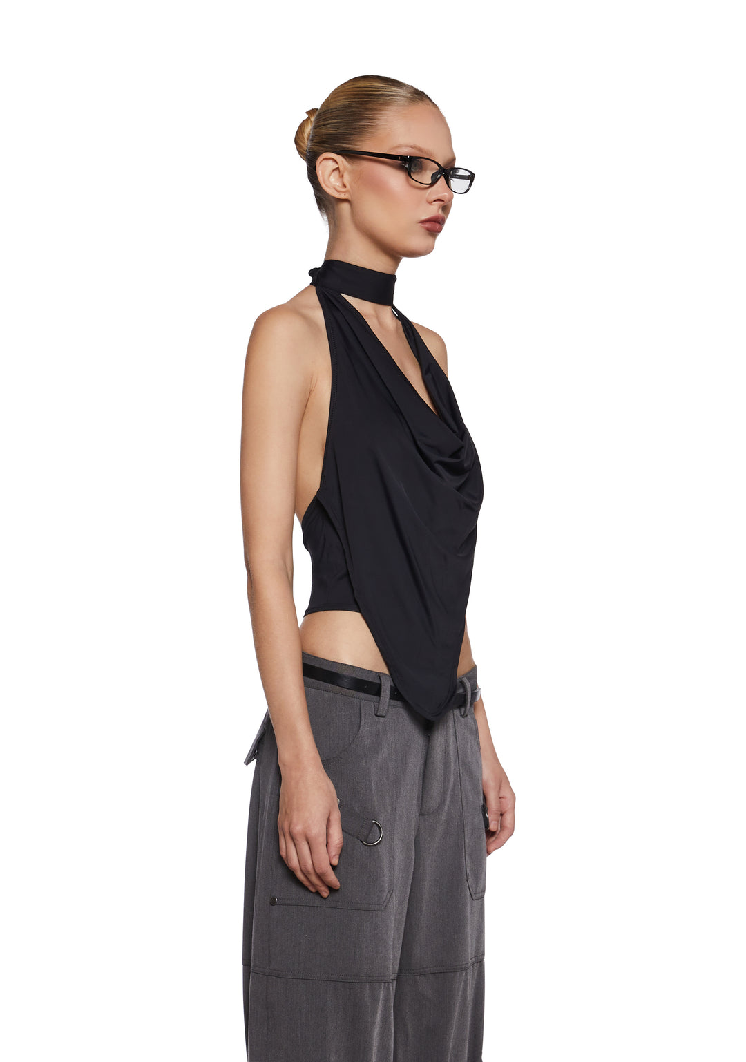 Stretchy Nylon Draped Cropped Halter Top Generation Kiss - Black - Image 3