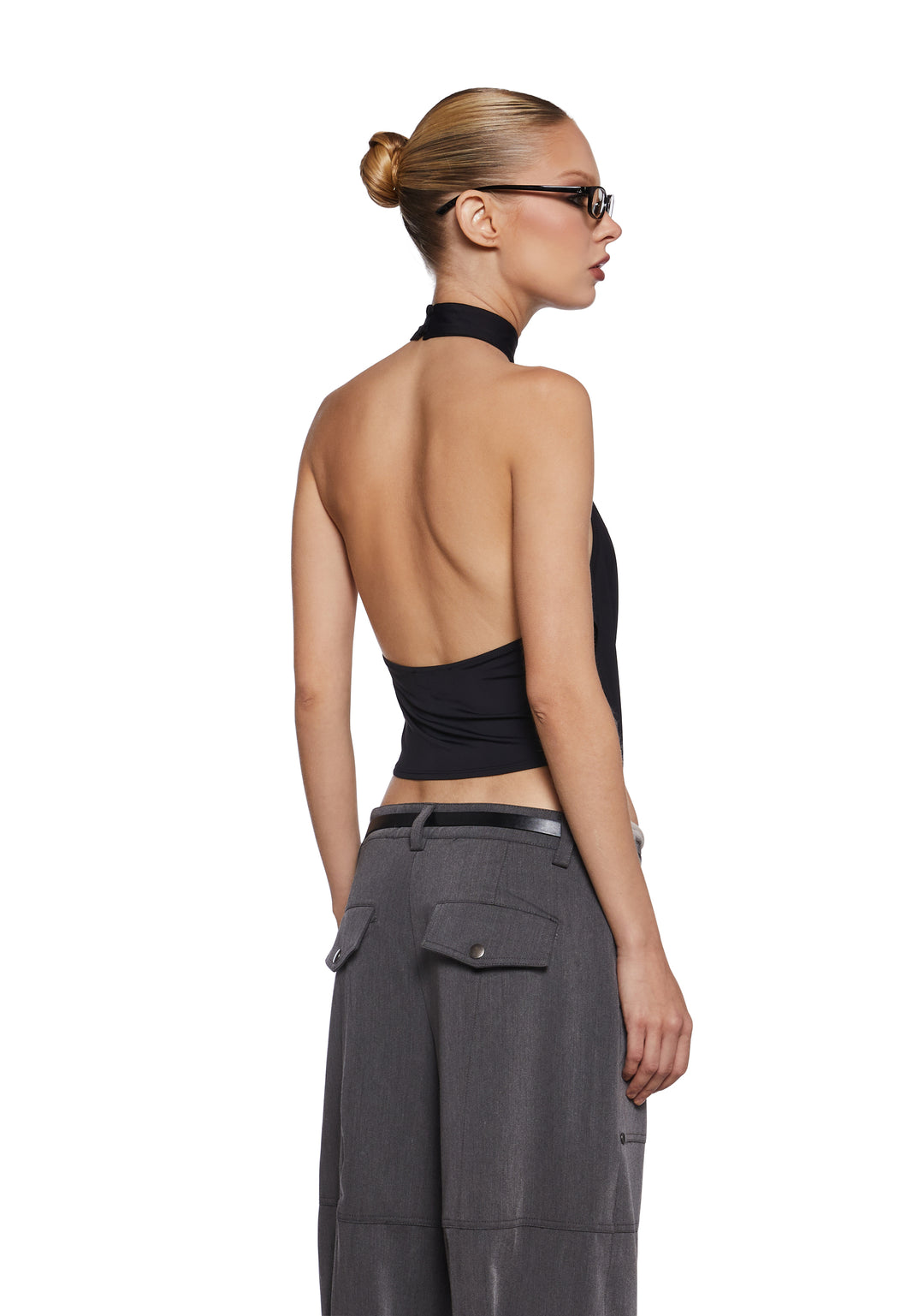 Stretchy Nylon Draped Cropped Halter Top Generation Kiss - Black - Image 4