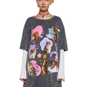 Womens Cat Graphic Oversized Tee - Multi