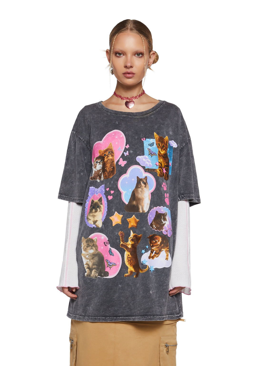 Womens Cat Graphic Oversized Tee - Multi