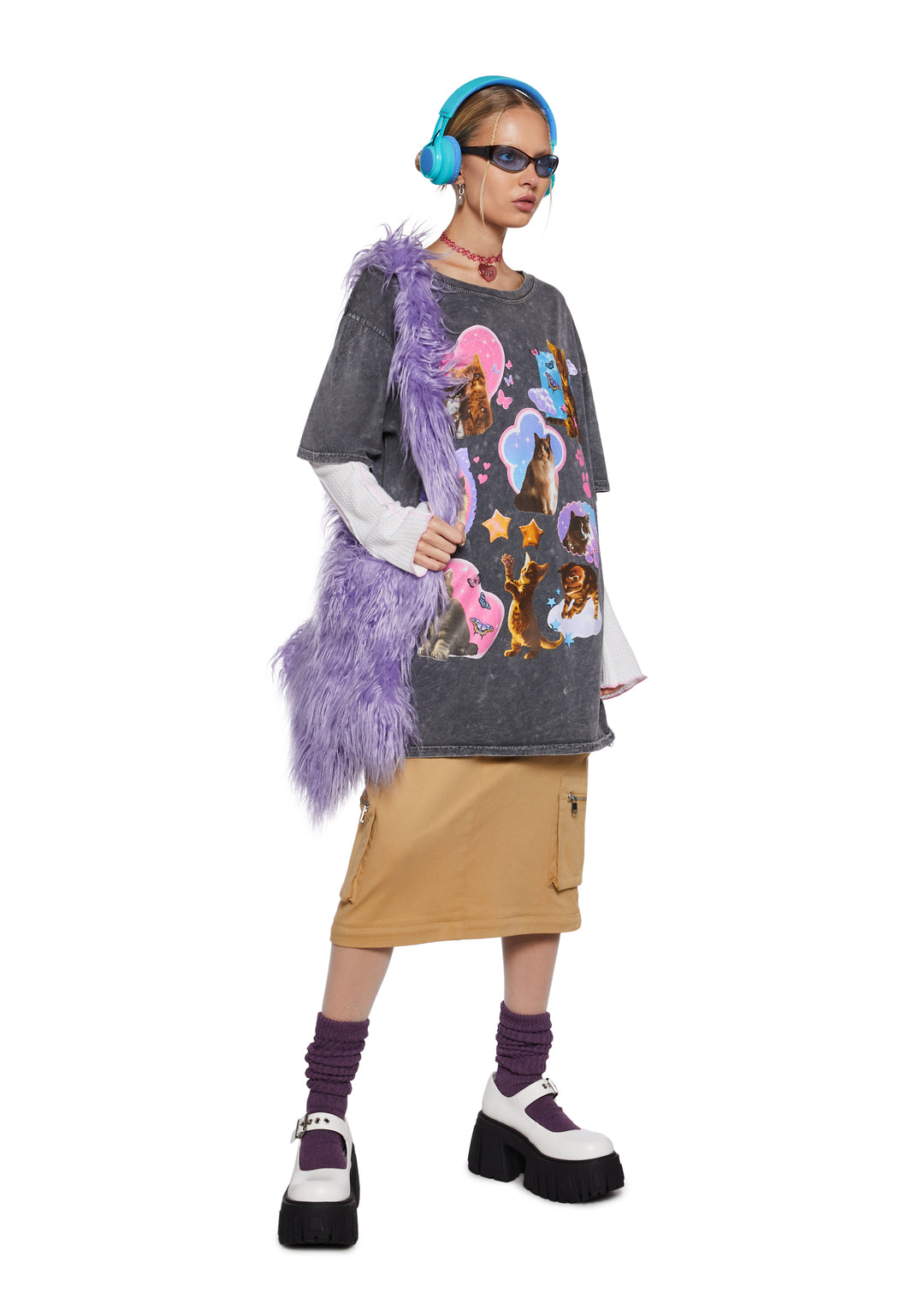 Womens Cat Graphic Oversized Tee - Multi - Image 2