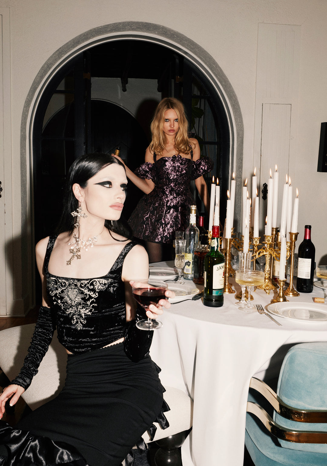 Velvet Metallic Embroidered Heart Vines Lace-Up Corset Top Matching Gloves Set Widow - Black - Image 6