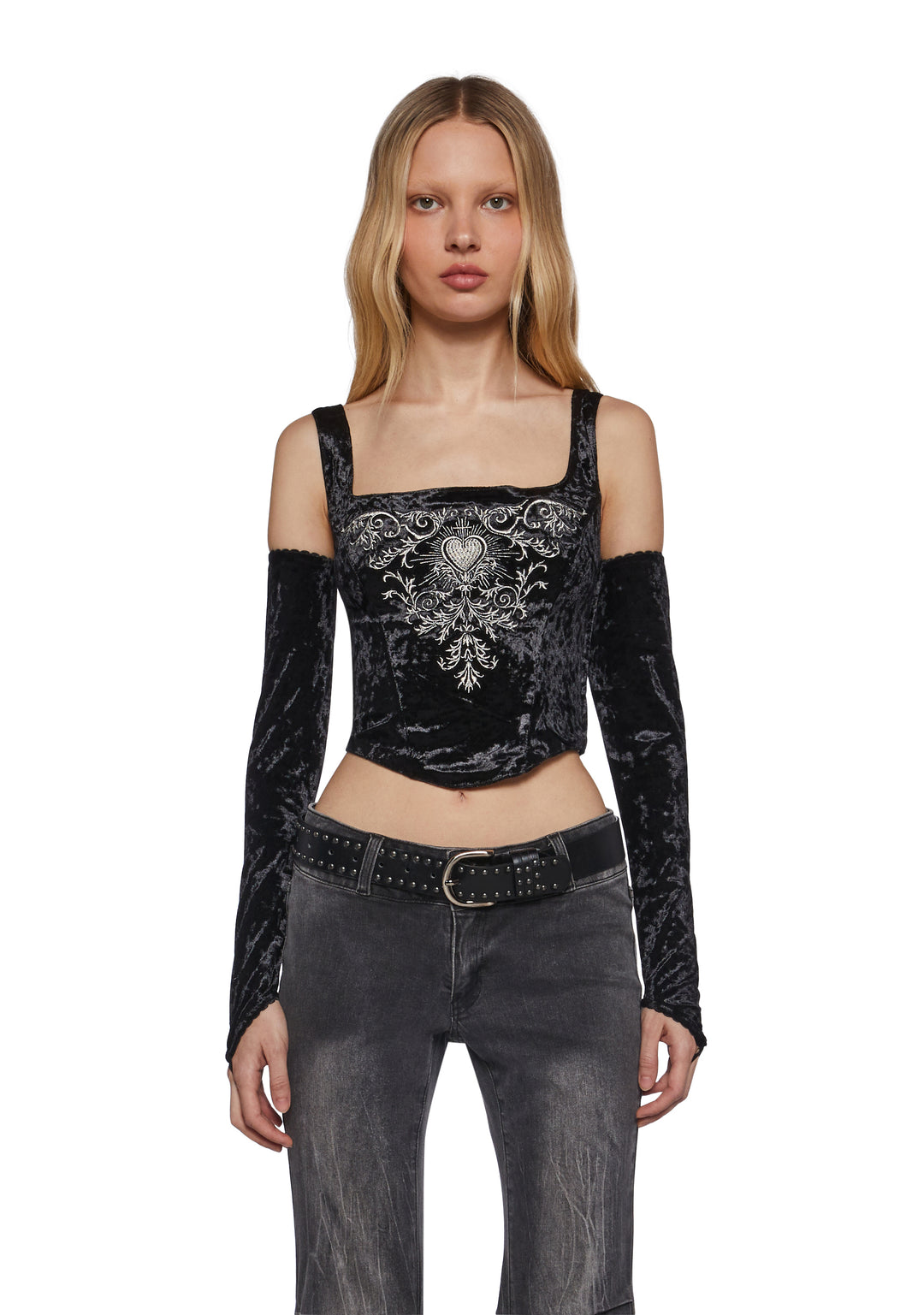Velvet Metallic Embroidered Heart Vines Lace-Up Corset Top Matching Gloves Set Widow - Black