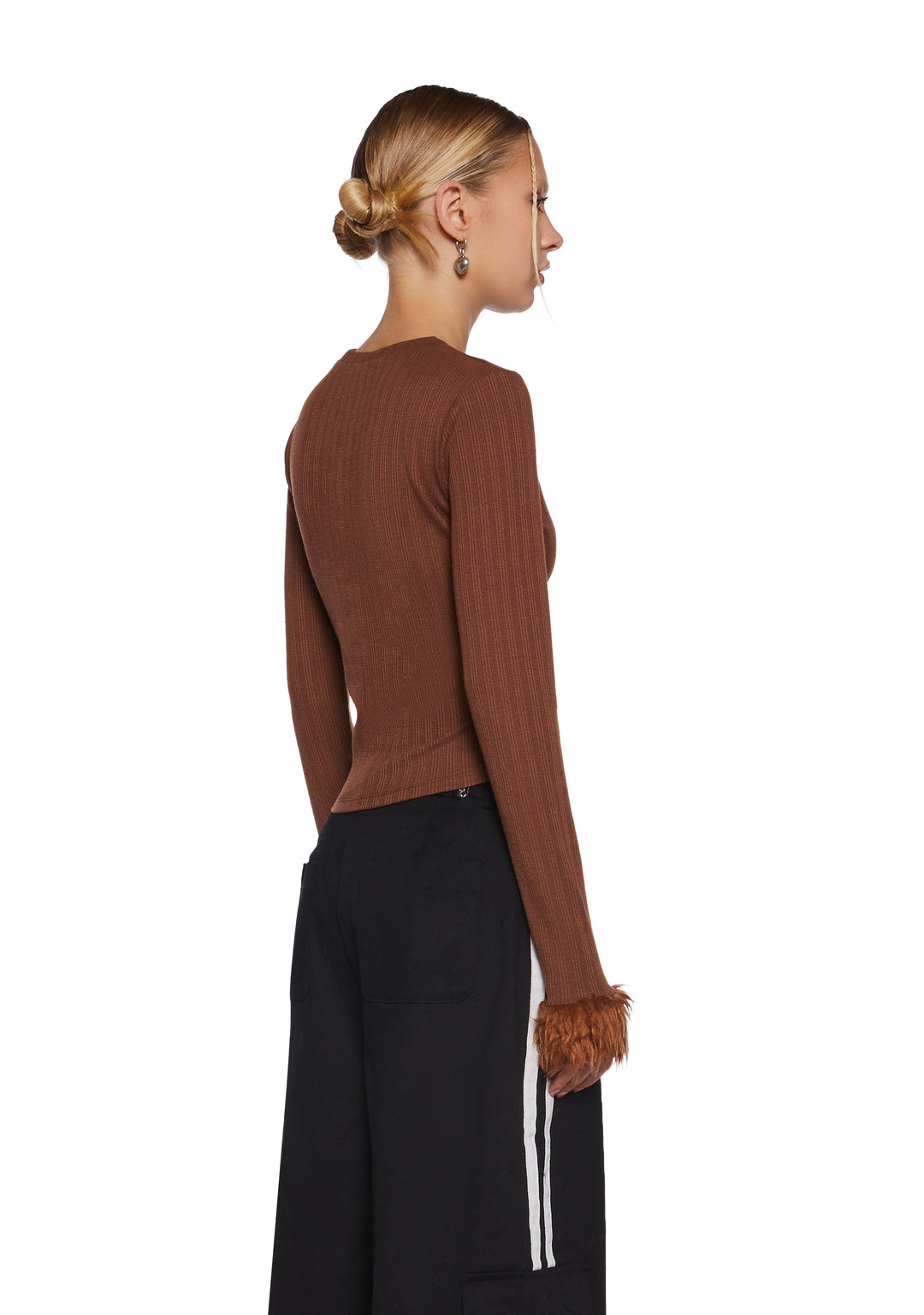 Stretchy Ribbed Knit Faux Fur Teddy Bear Long Sleeve Top Delia's - Brown - Image 5