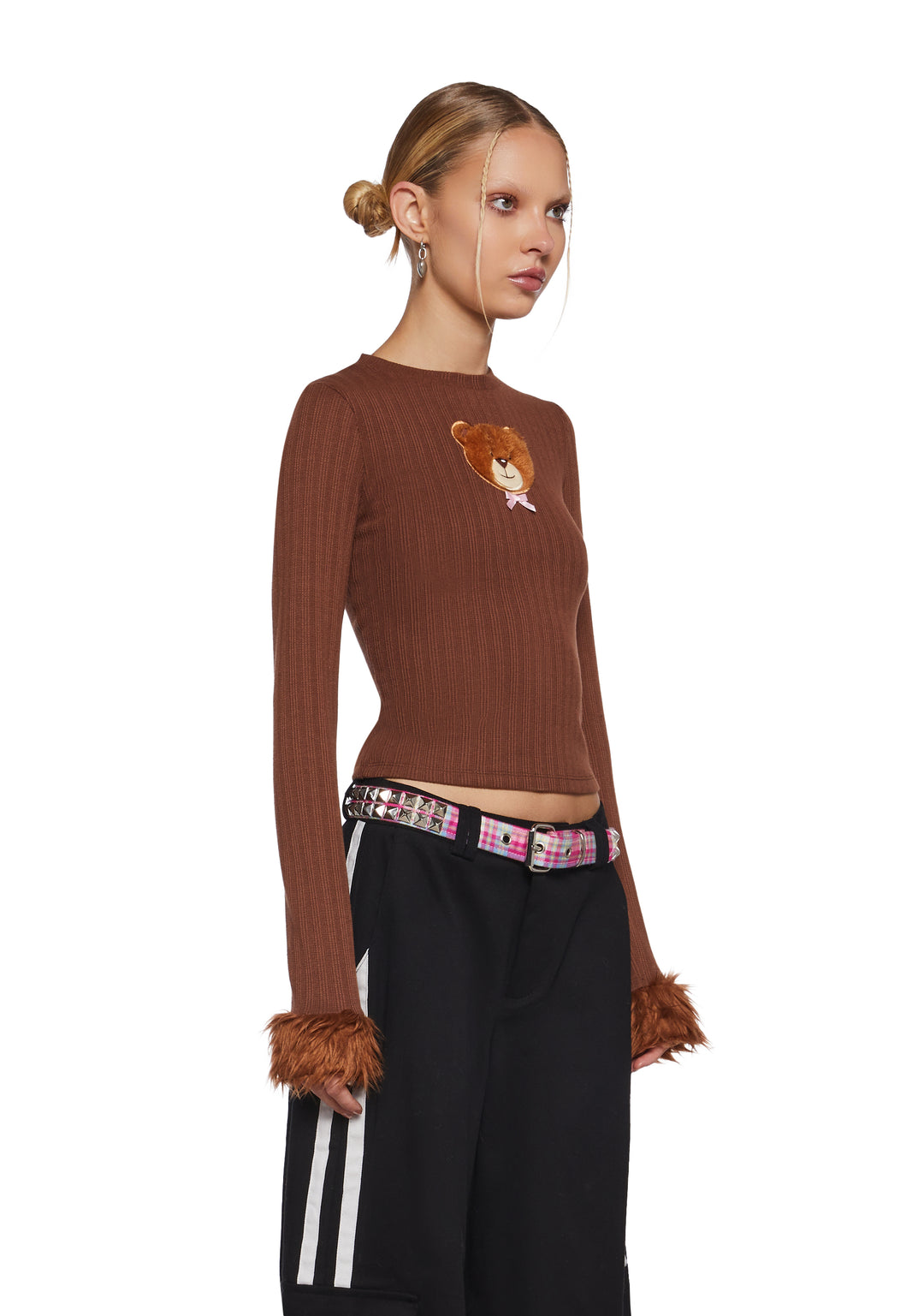 Stretchy Ribbed Knit Faux Fur Teddy Bear Long Sleeve Top Delia's - Brown - Image 4
