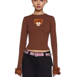 Stretchy Ribbed Knit Faux Fur Teddy Bear Long Sleeve Top Delia's - Brown