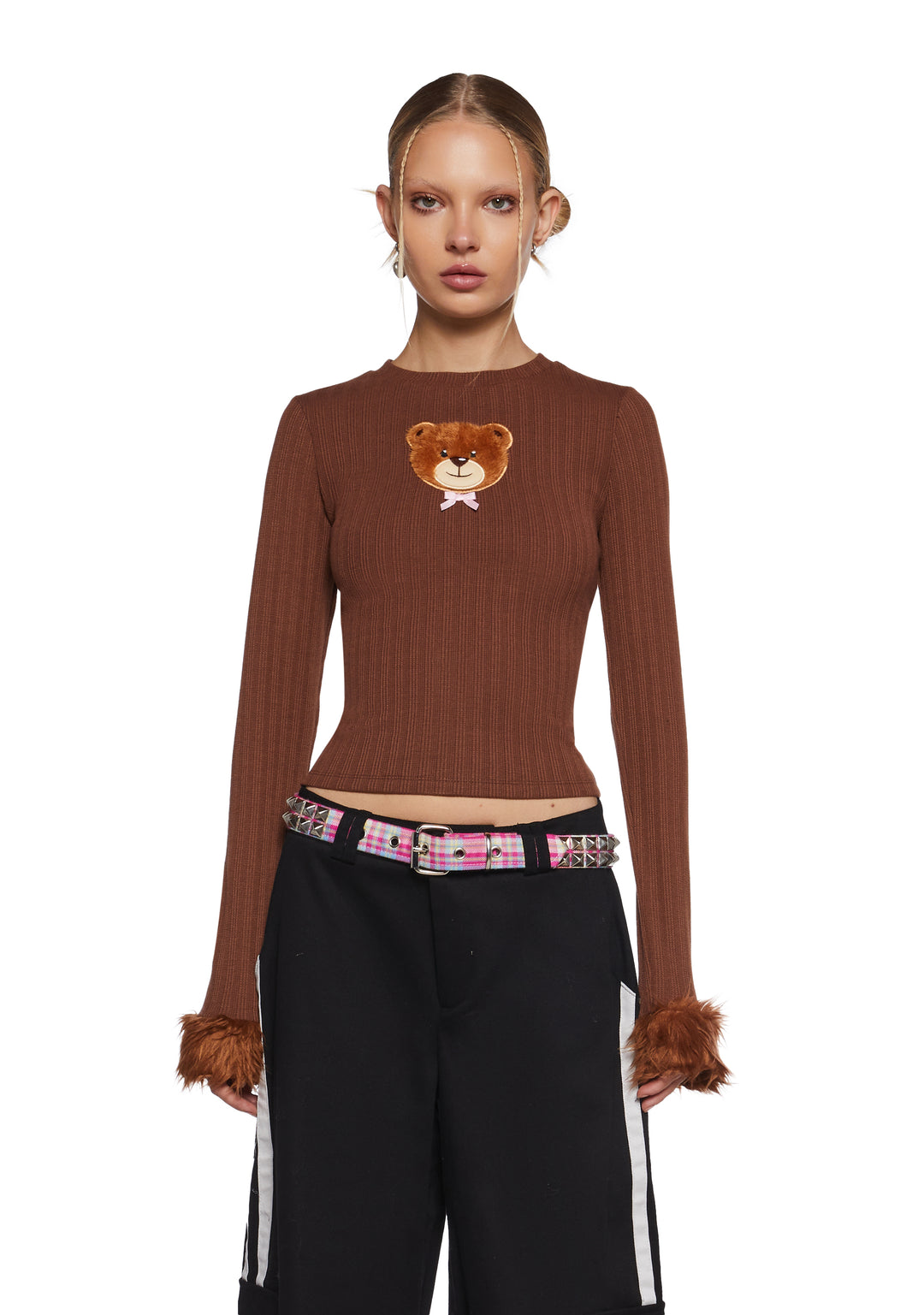 Stretchy Ribbed Knit Faux Fur Teddy Bear Long Sleeve Top Delia's - Brown