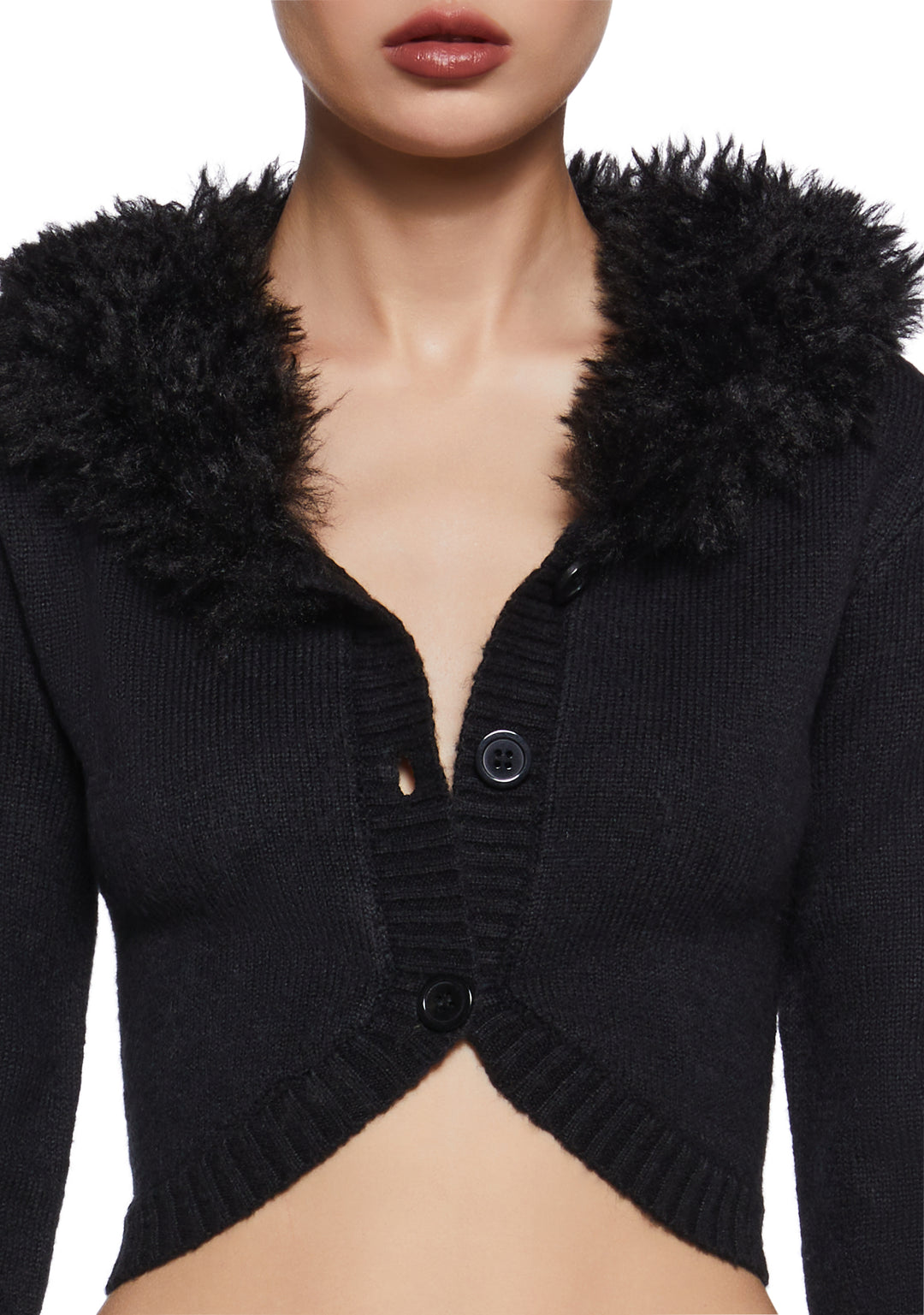 Womens Sexy Knit Cropped Sweater With Faux Fur Collar Generation Kiss - Black - Image 5