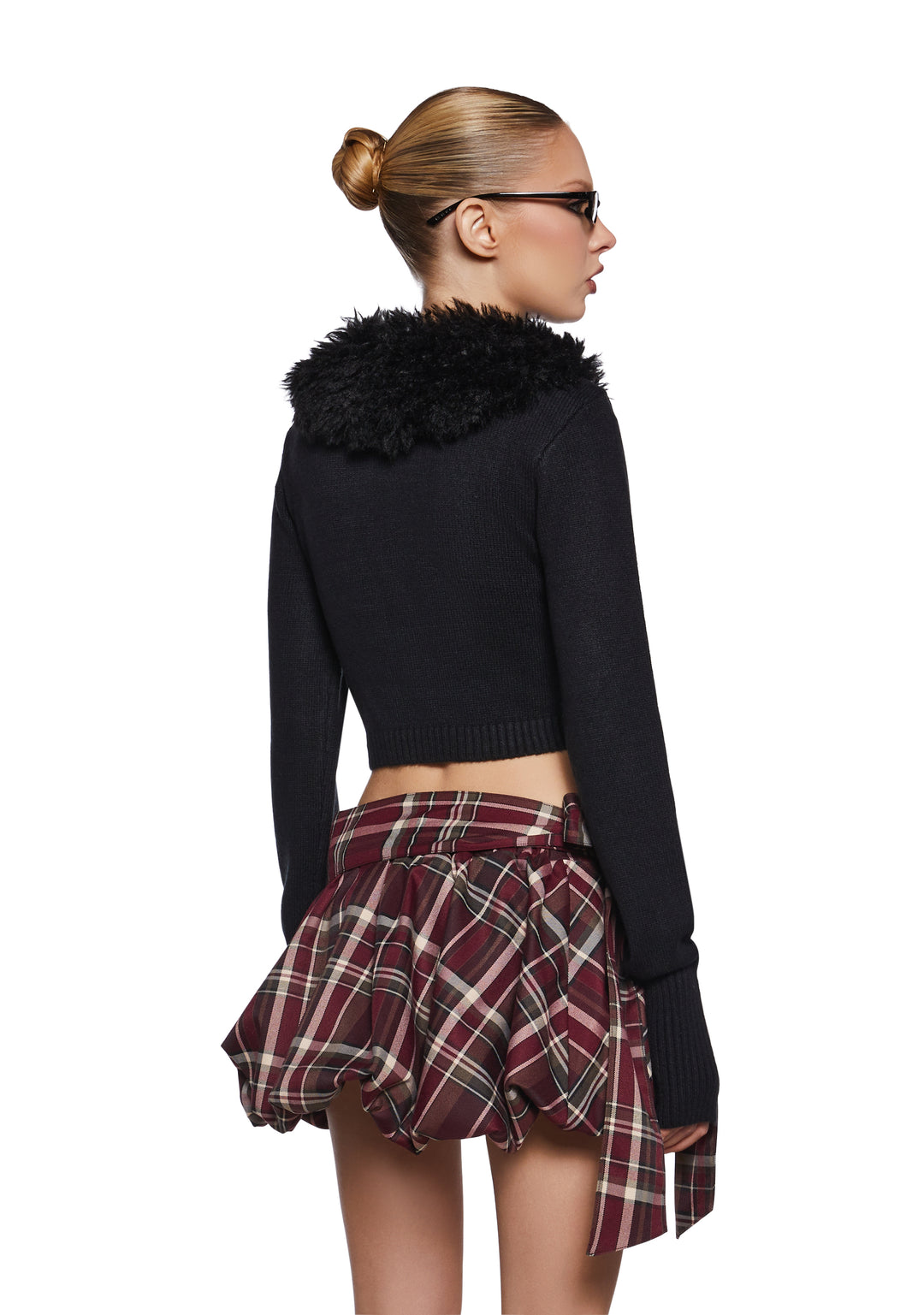 Womens Sexy Knit Cropped Sweater With Faux Fur Collar Generation Kiss - Black - Image 4