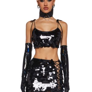 Womens Sexy Sequin Disc Crop Top Club Exx - Black