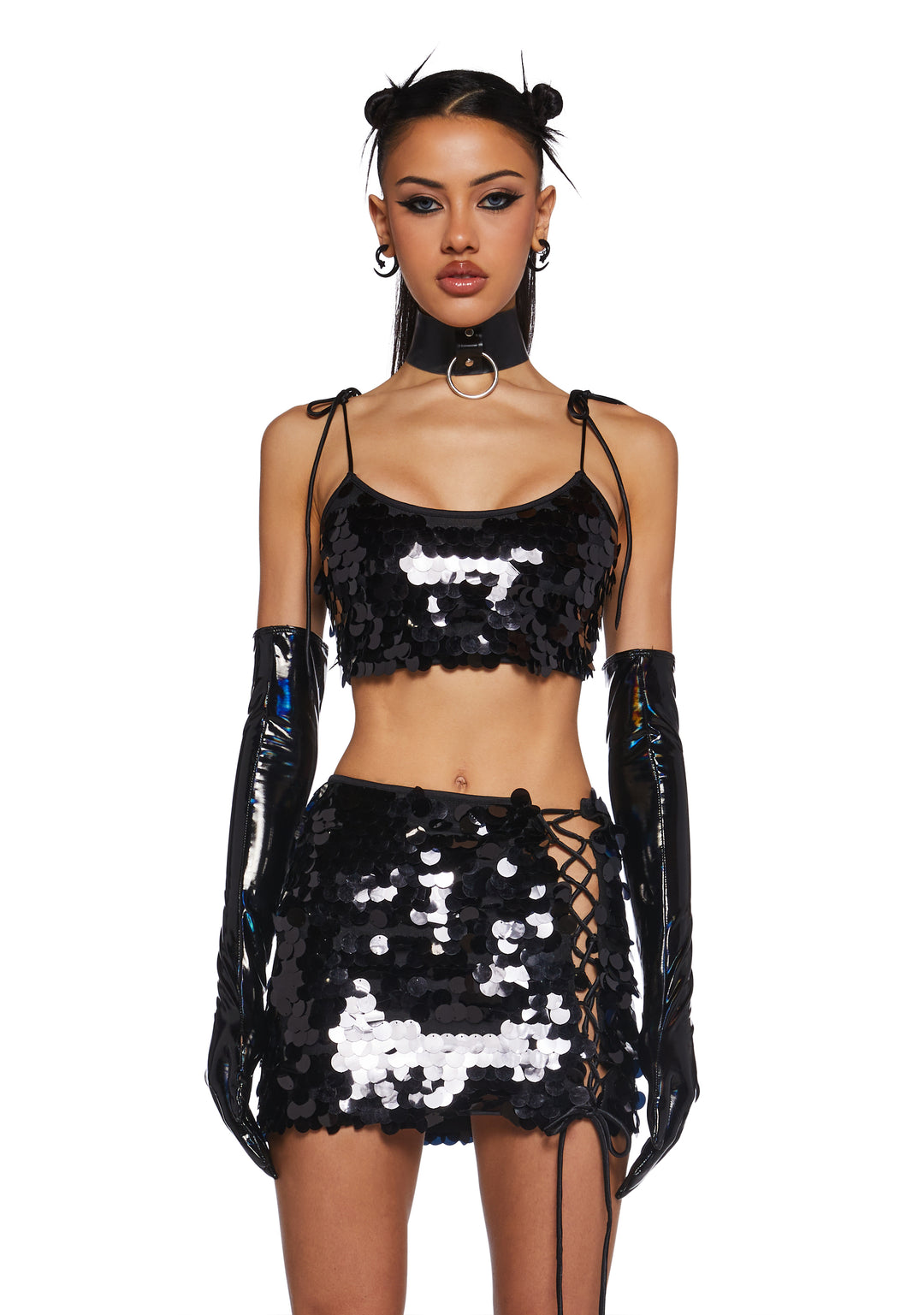 Womens Sexy Sequin Disc Crop Top Club Exx - Black