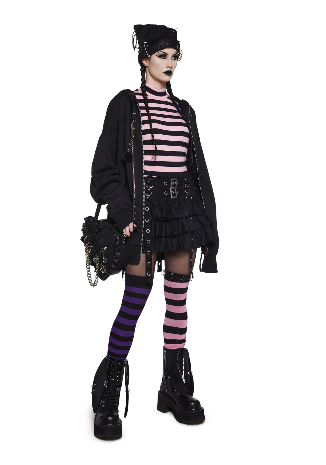 The Grave Girls Striped Skull Long Sleeve Mock Neck Top - Pink/Black - Image 2