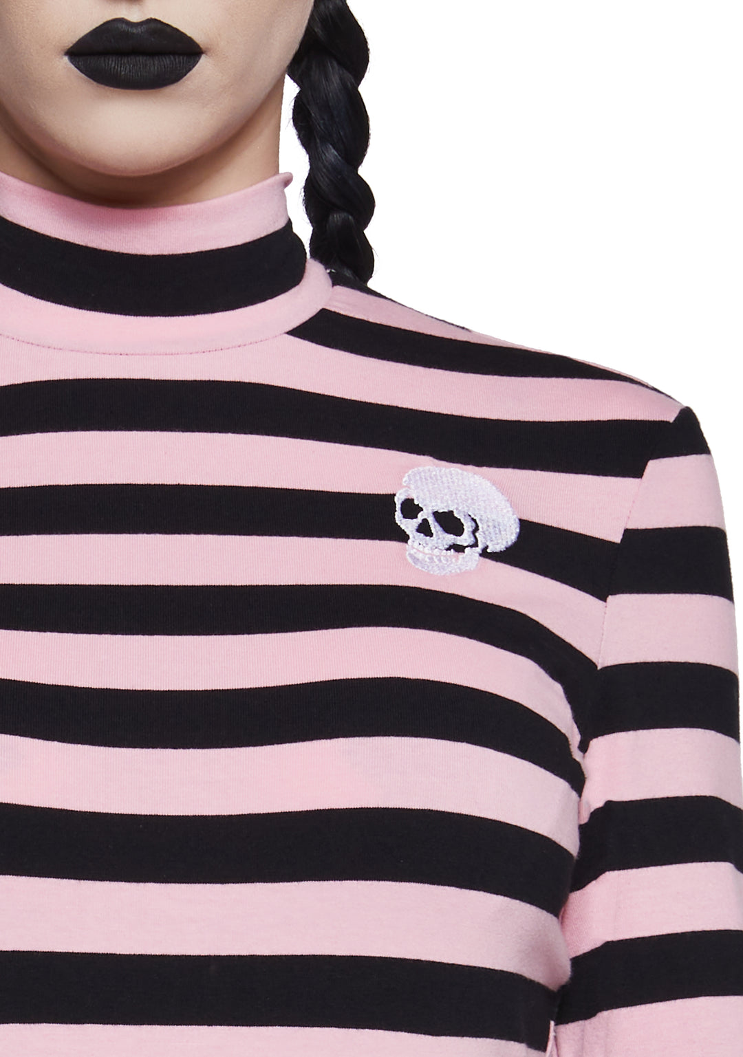 The Grave Girls Striped Skull Long Sleeve Mock Neck Top - Pink/Black - Image 5
