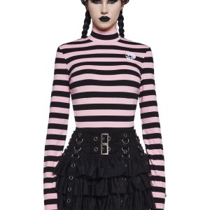 The Grave Girls Striped Skull Long Sleeve Mock Neck Top - Pink/Black