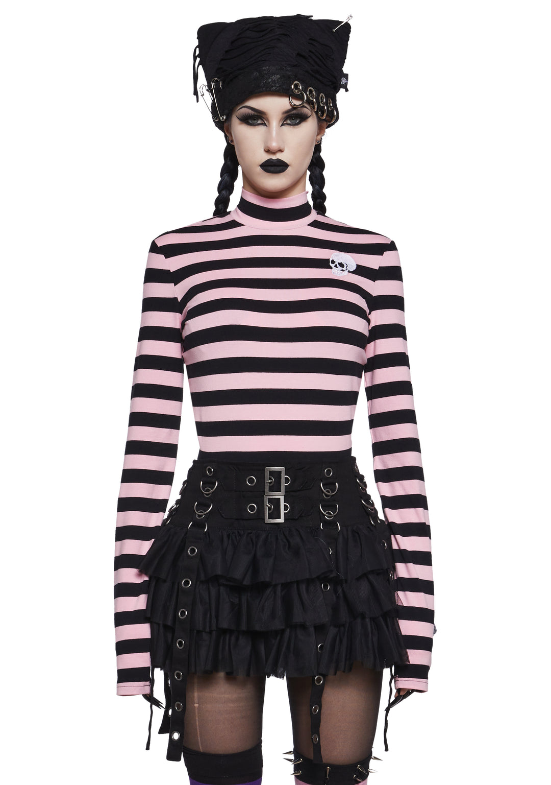 The Grave Girls Striped Skull Long Sleeve Mock Neck Top - Pink/Black