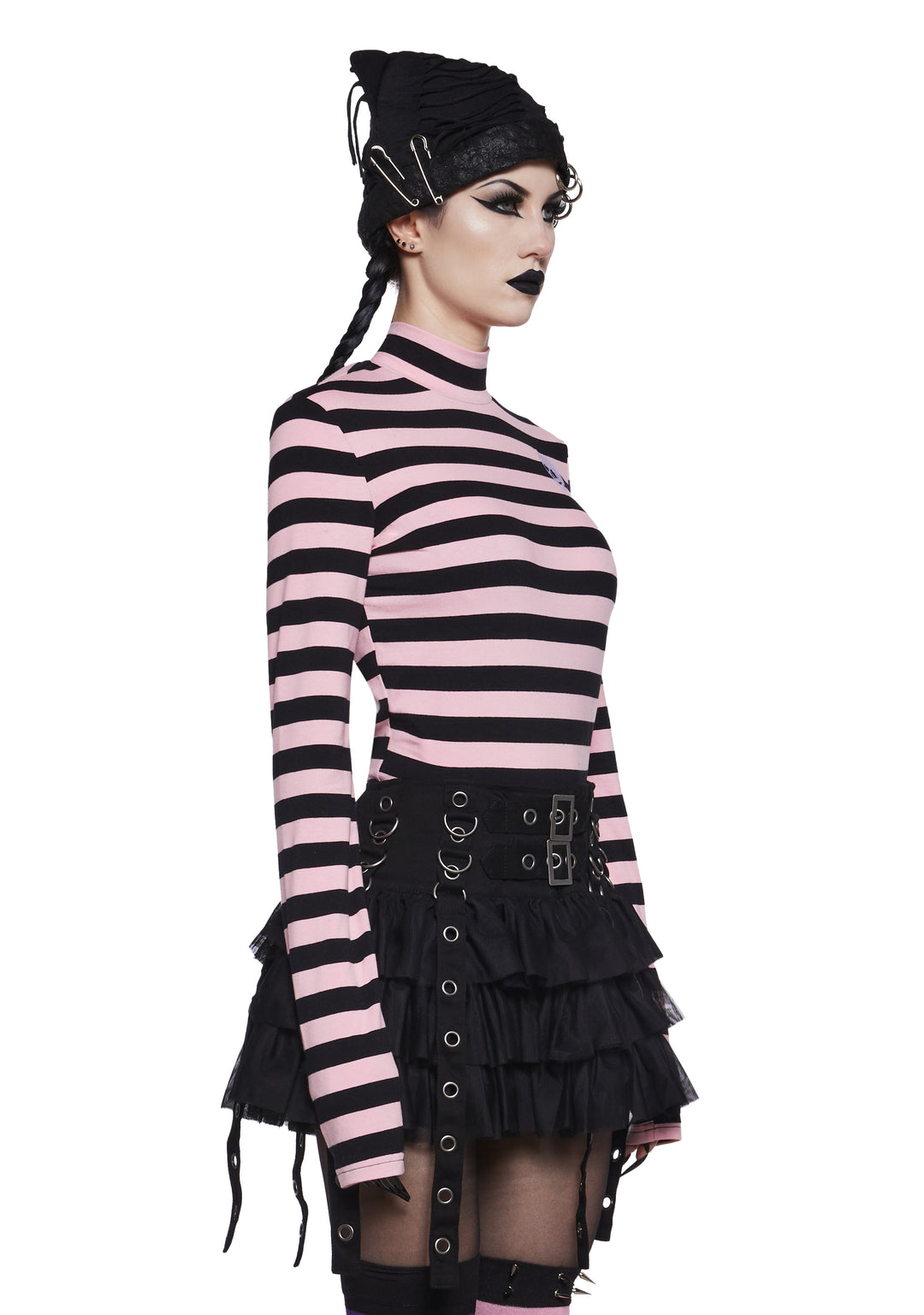 The Grave Girls Striped Skull Long Sleeve Mock Neck Top - Pink/Black - Image 3