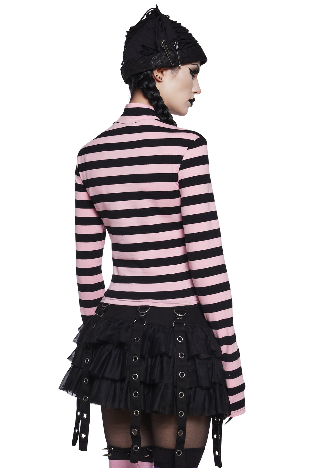 The Grave Girls Striped Skull Long Sleeve Mock Neck Top - Pink/Black - Image 4