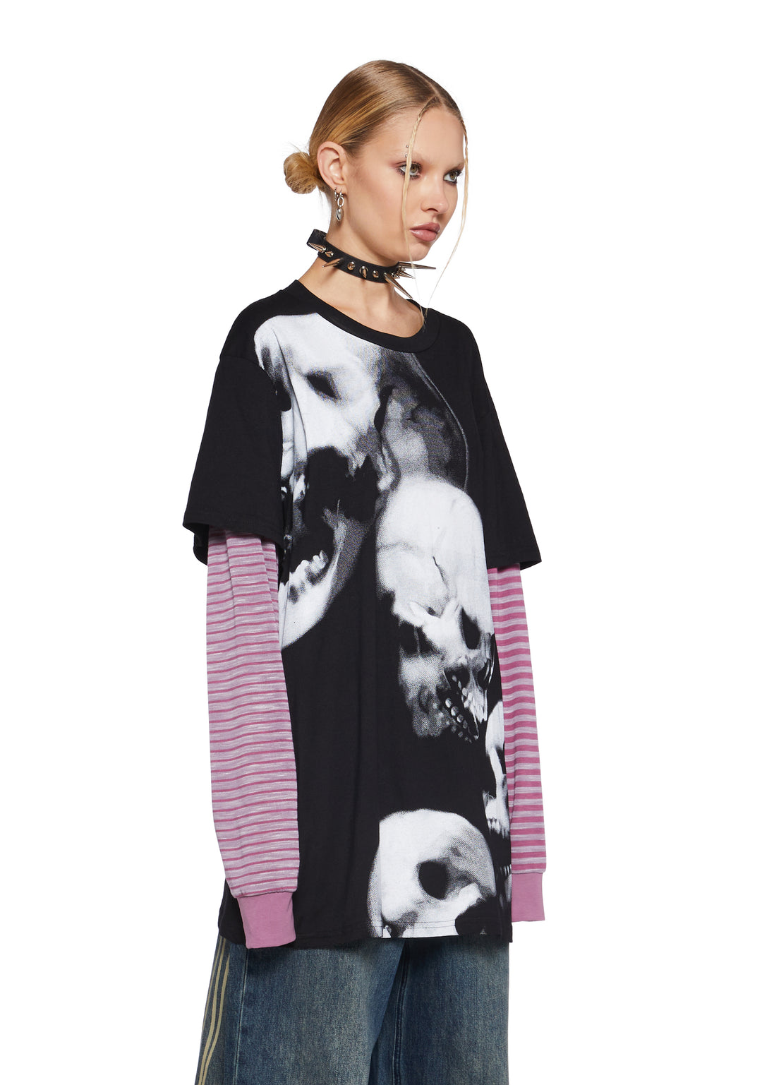 Stretchy Knit Skull Graphic Print Striped Long Sleeve Top Current Mood - Multi - Image 3
