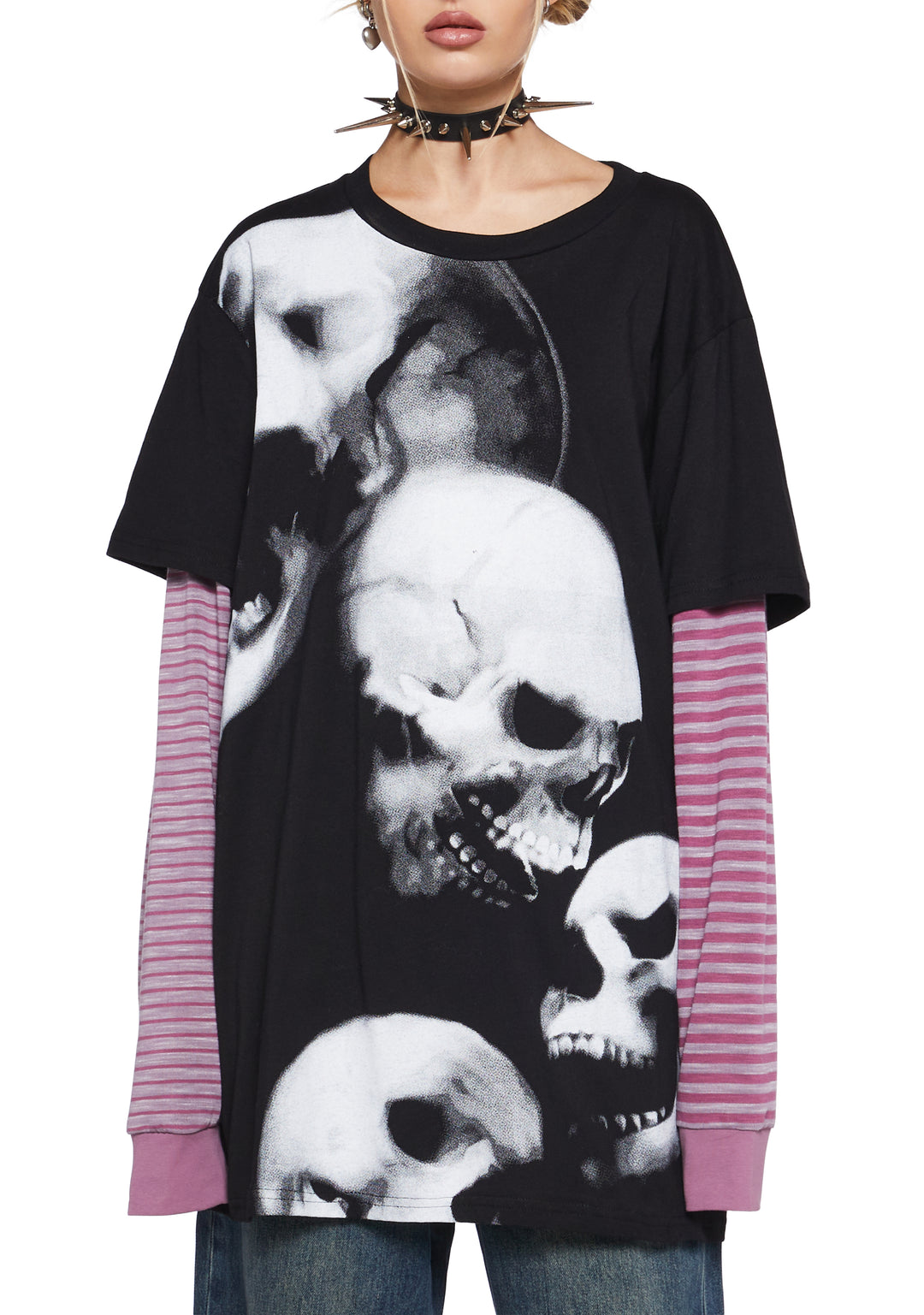 Stretchy Knit Skull Graphic Print Striped Long Sleeve Top Current Mood - Multi - Image 5