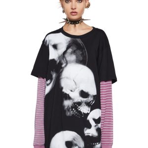 Stretchy Knit Skull Graphic Print Striped Long Sleeve Top Current Mood - Multi