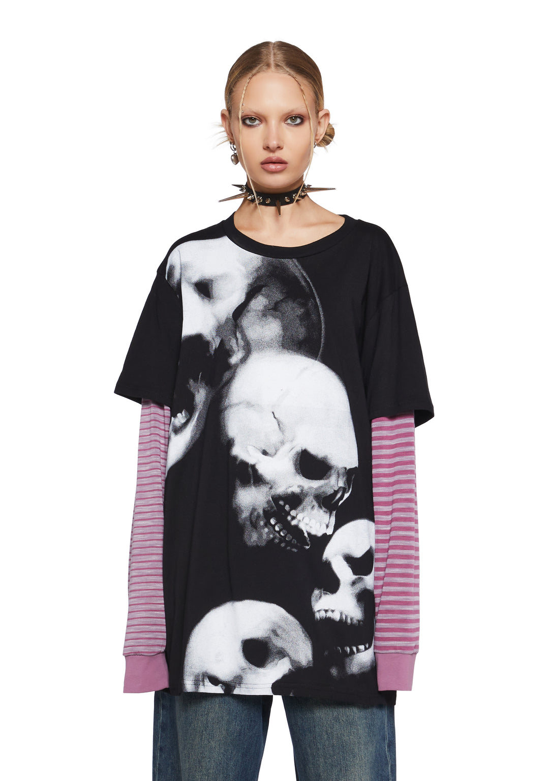Stretchy Knit Skull Graphic Print Striped Long Sleeve Top Current Mood - Multi