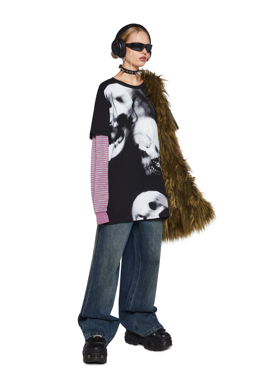 Stretchy Knit Skull Graphic Print Striped Long Sleeve Top Current Mood - Multi - Image 2