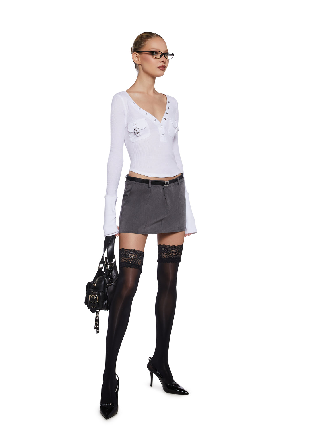 Womens Sexy Long Sleeve With Buckle Details - White - Image 2