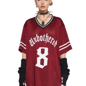 Womens Unbothered 8 Jersey Tee Top Current Mood - Red
