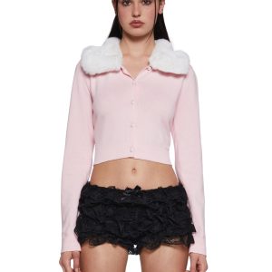 Womens Knit Ribbed Cardigan With Pearl Buttons Sugar Thrillz - Pink