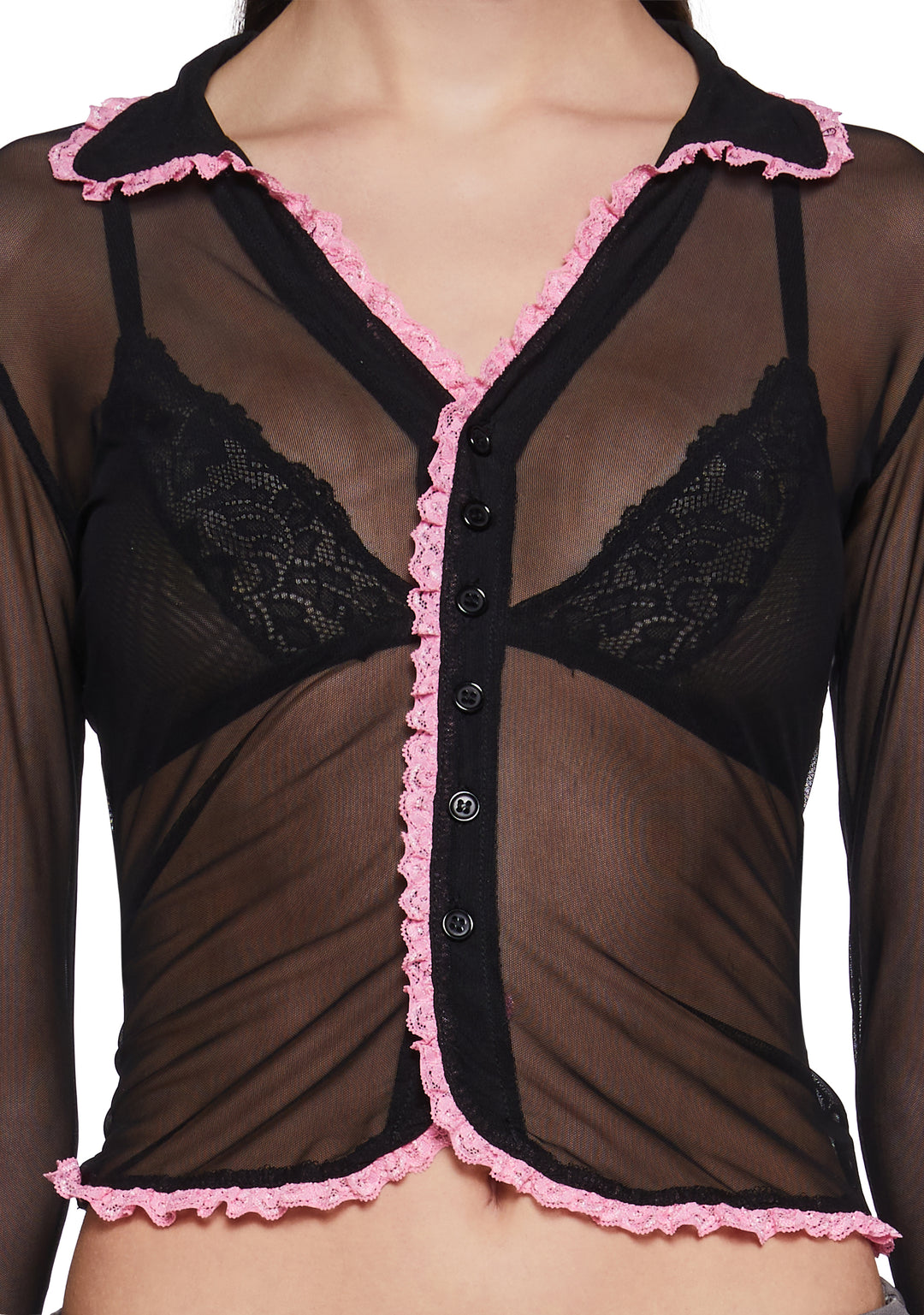 Sheer Mesh Ruffled Lace Collared Long Sleeve Top Delia's - Black - Image 5