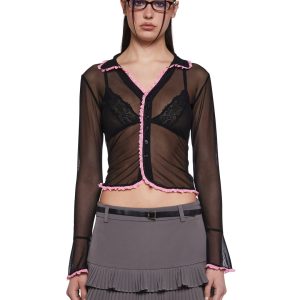 Sheer Mesh Ruffled Lace Collared Long Sleeve Top Delia's - Black