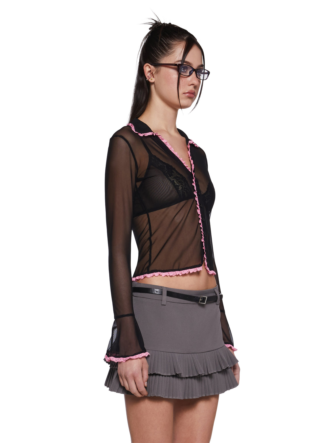 Sheer Mesh Ruffled Lace Collared Long Sleeve Top Delia's - Black - Image 3