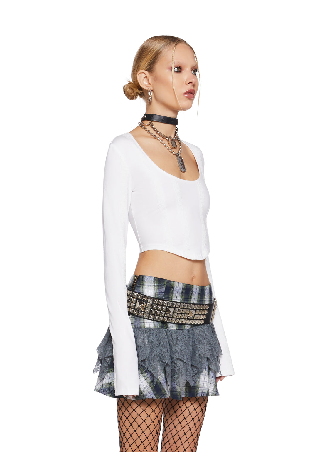 Stretchy Knit Lace Long Sleeve Crop Top Current Mood - White - Image 3